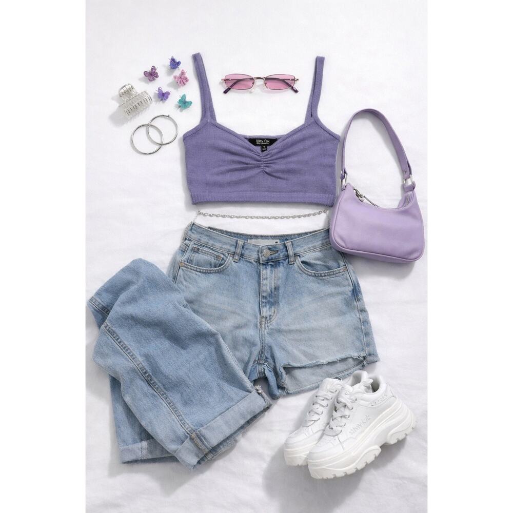 Witty Fox Ribbed Crop Top Spaghetti Strap Lavender Women's Medium Good Condition